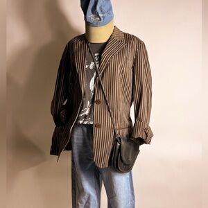 Y2K JNY Brown & White Vertical Striped Chino Cotton Jacket Large